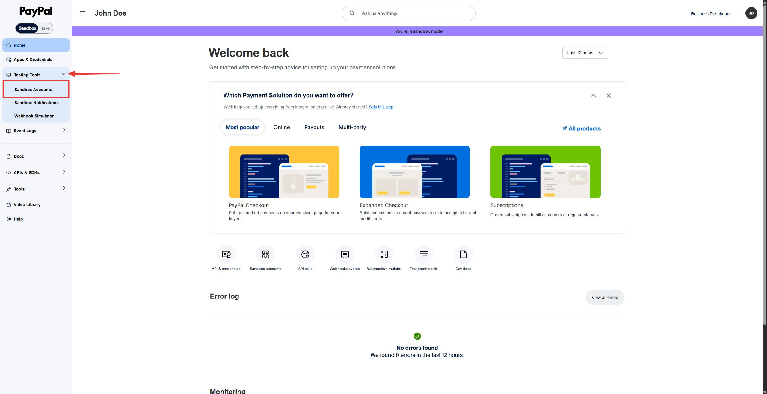 PayPal Developer Dashboard showing Testing Tools menu expanded with Sandbox Accounts option