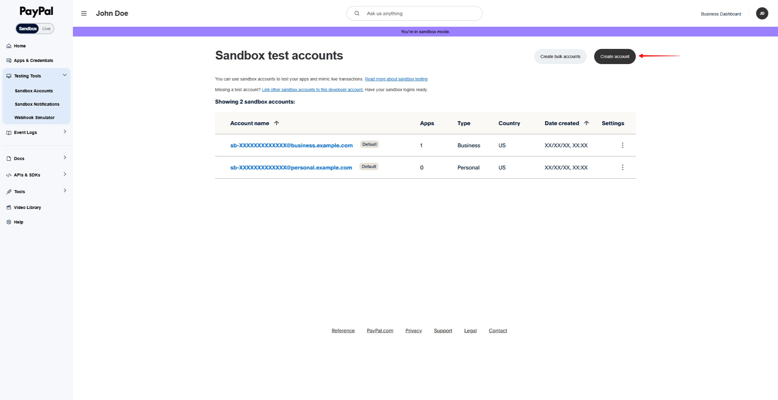 PayPal Sandbox Accounts page with Create account button highlighted