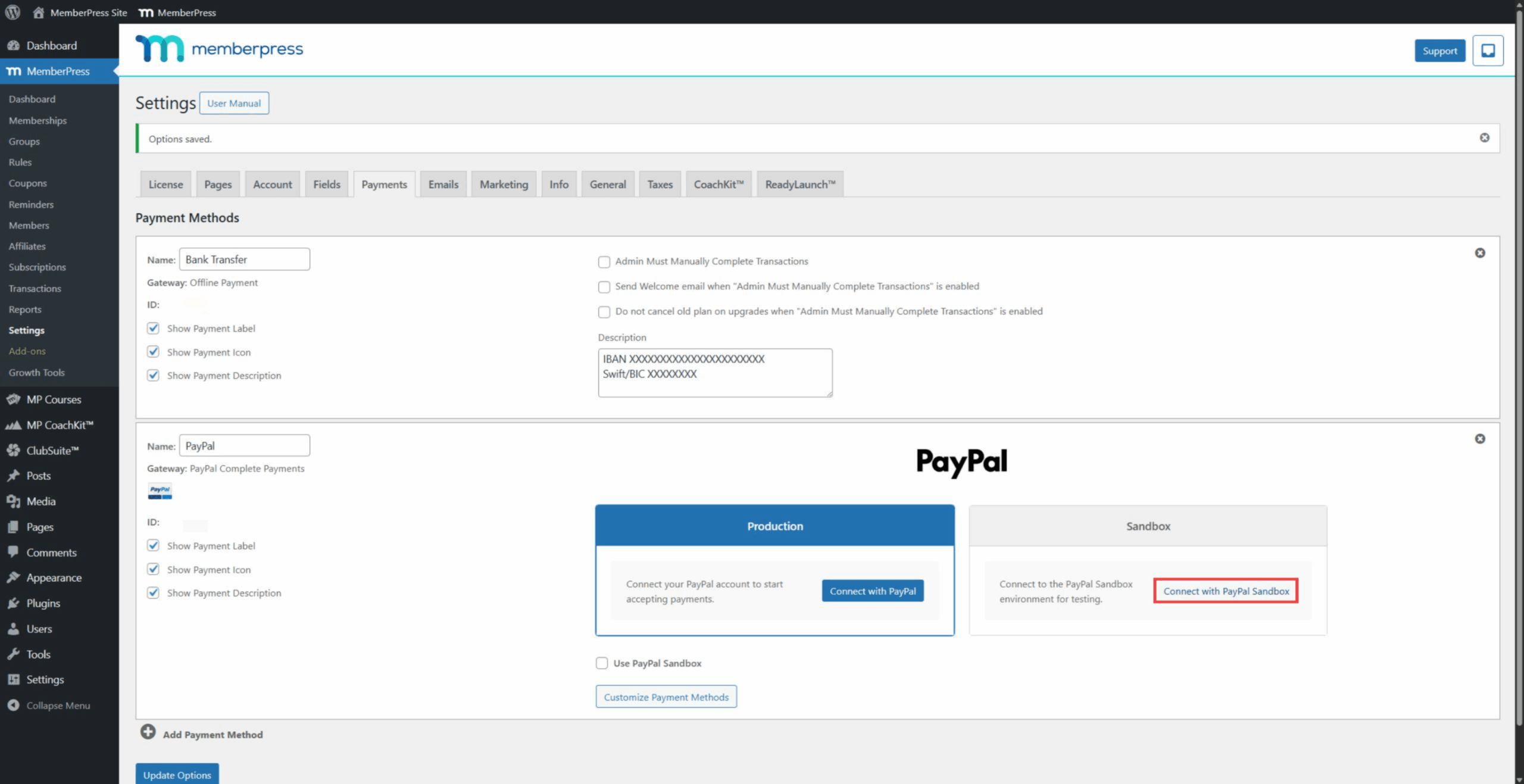 PayPal Complete Payments gateway settings with Connect with PayPal Sandbox button highlighted