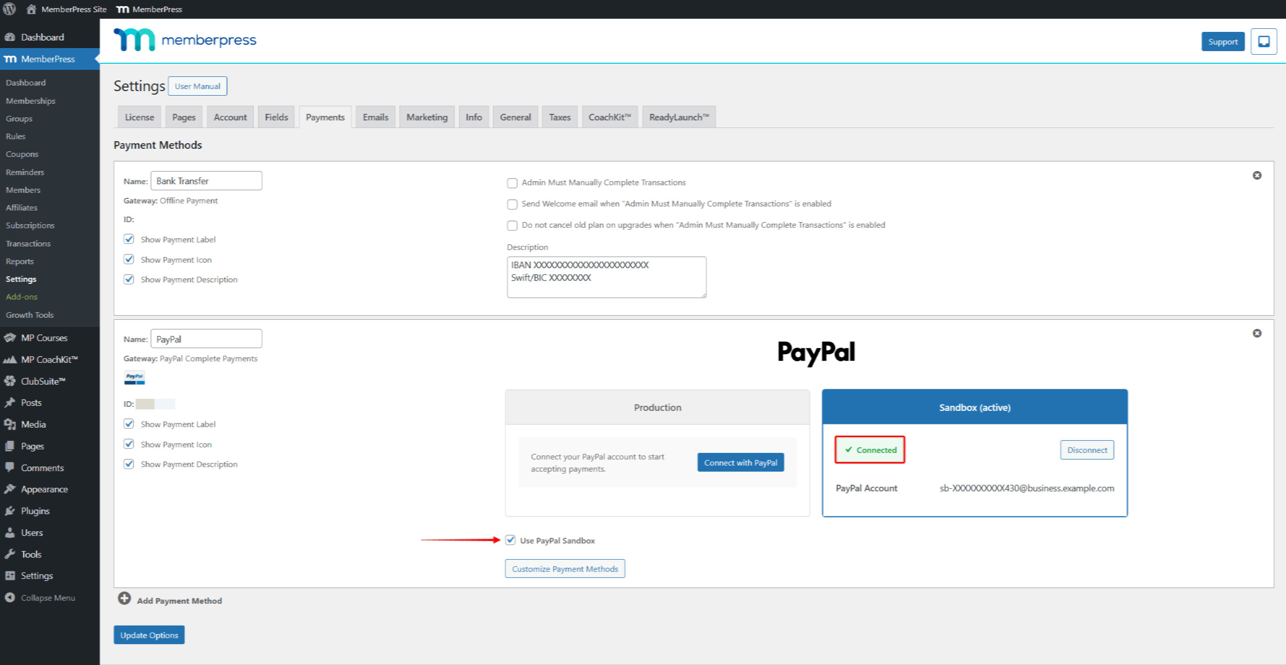 PayPal Complete Payments gateway showing Sandbox Connected status and Use PayPal Sandbox checkbox