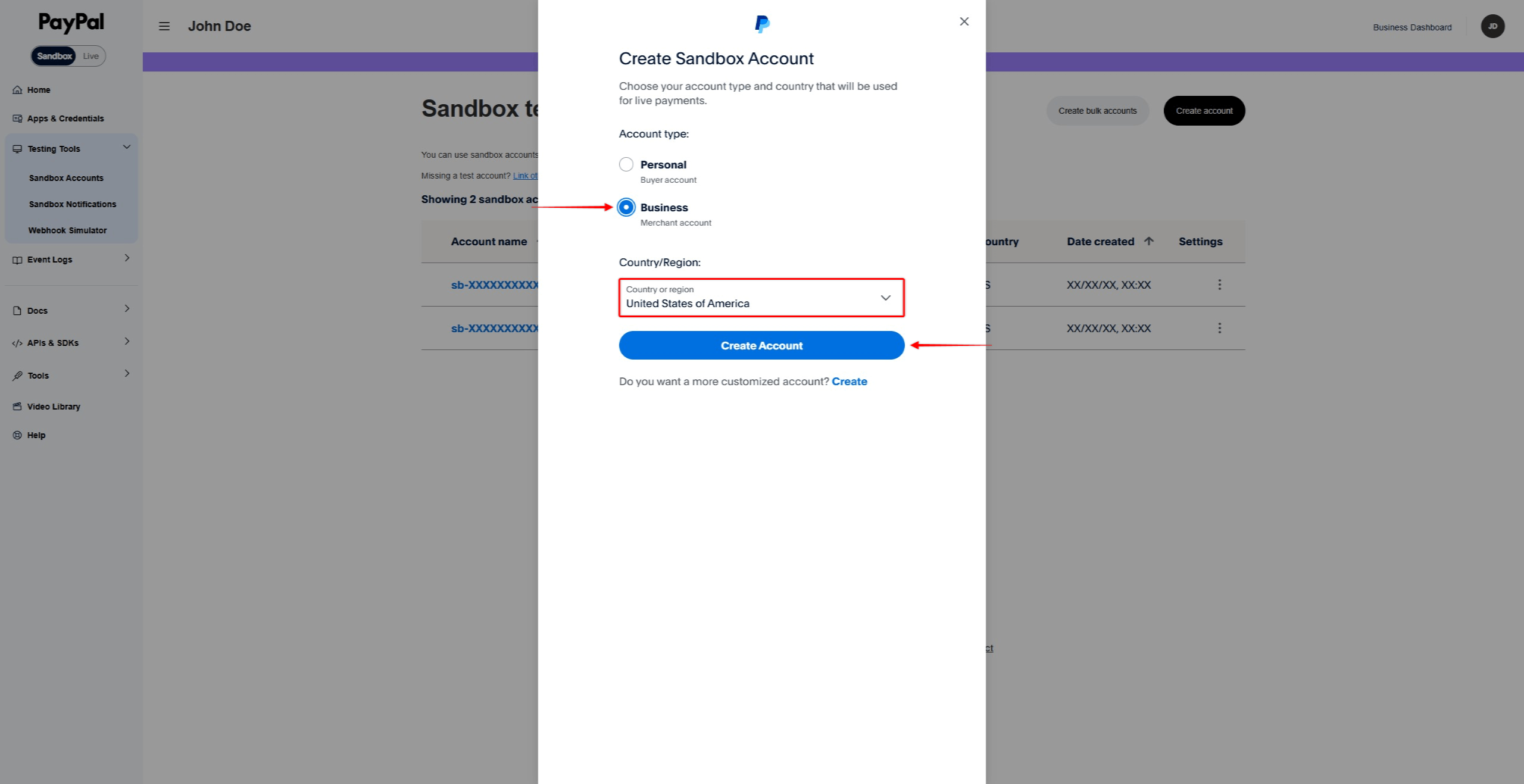 Create Sandbox Account dialog with Business account type selected
