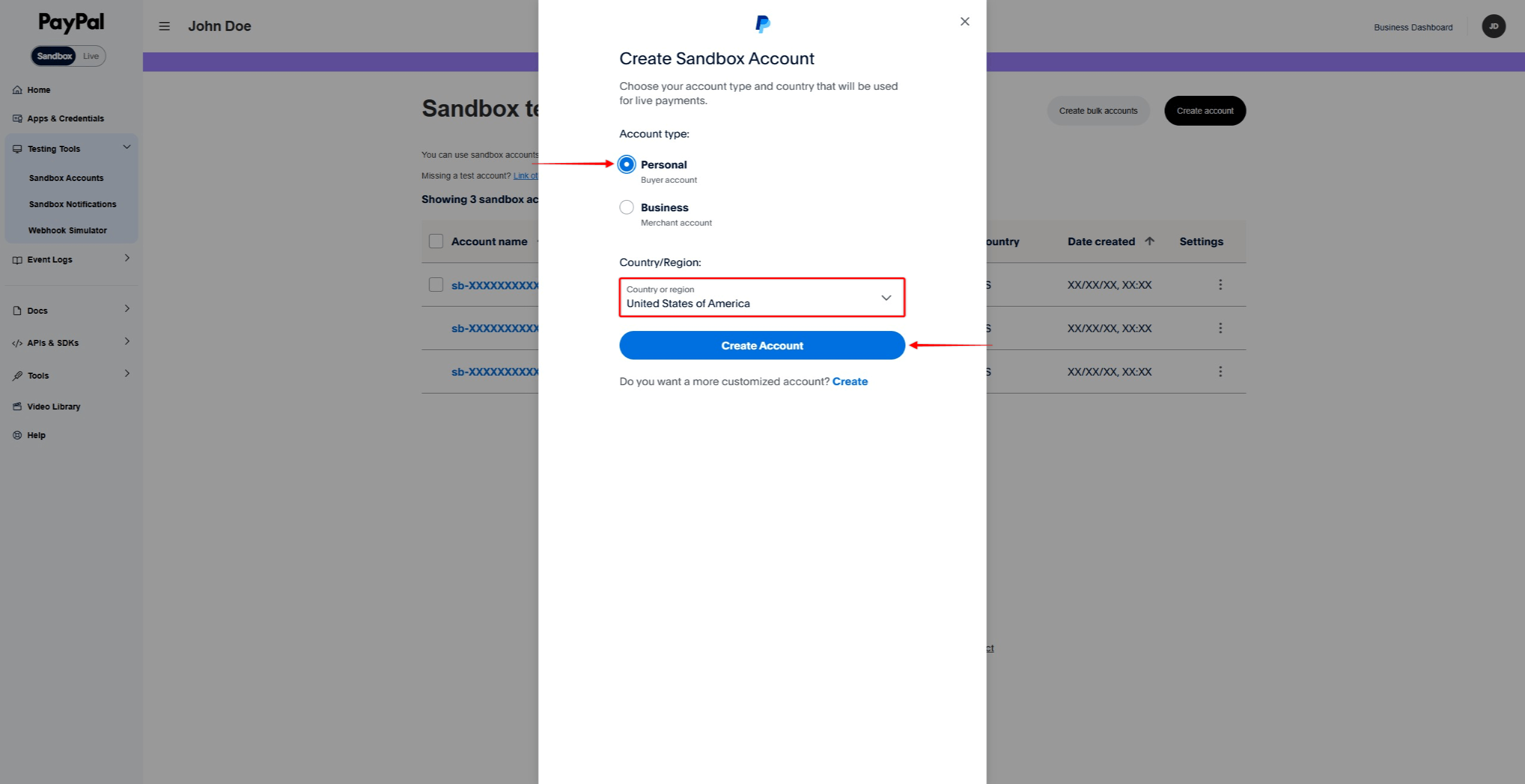 Create Sandbox Account dialog with Personal account type selected