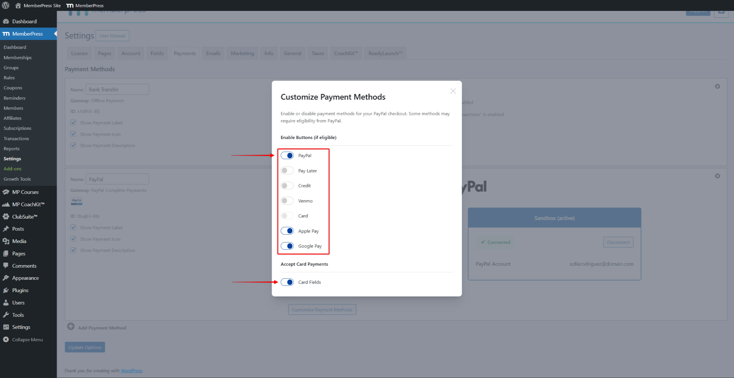 Customize Payment Methods pop-up showing available payment options