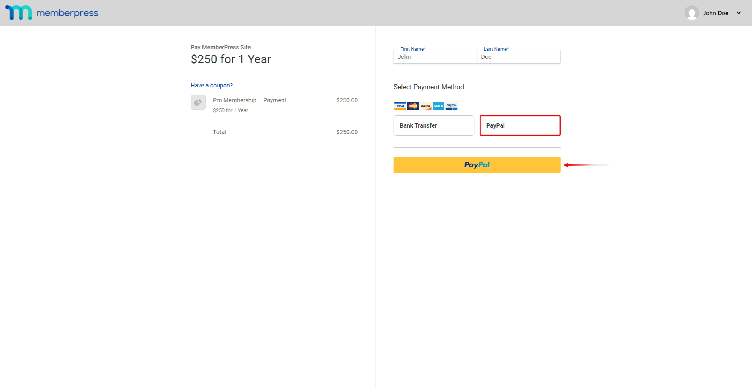 Membership registration page showing PayPal payment button