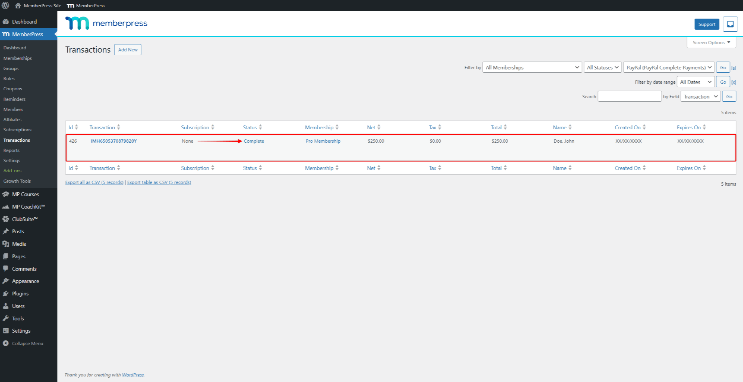 MemberPress Transactions page showing completed sandbox transaction