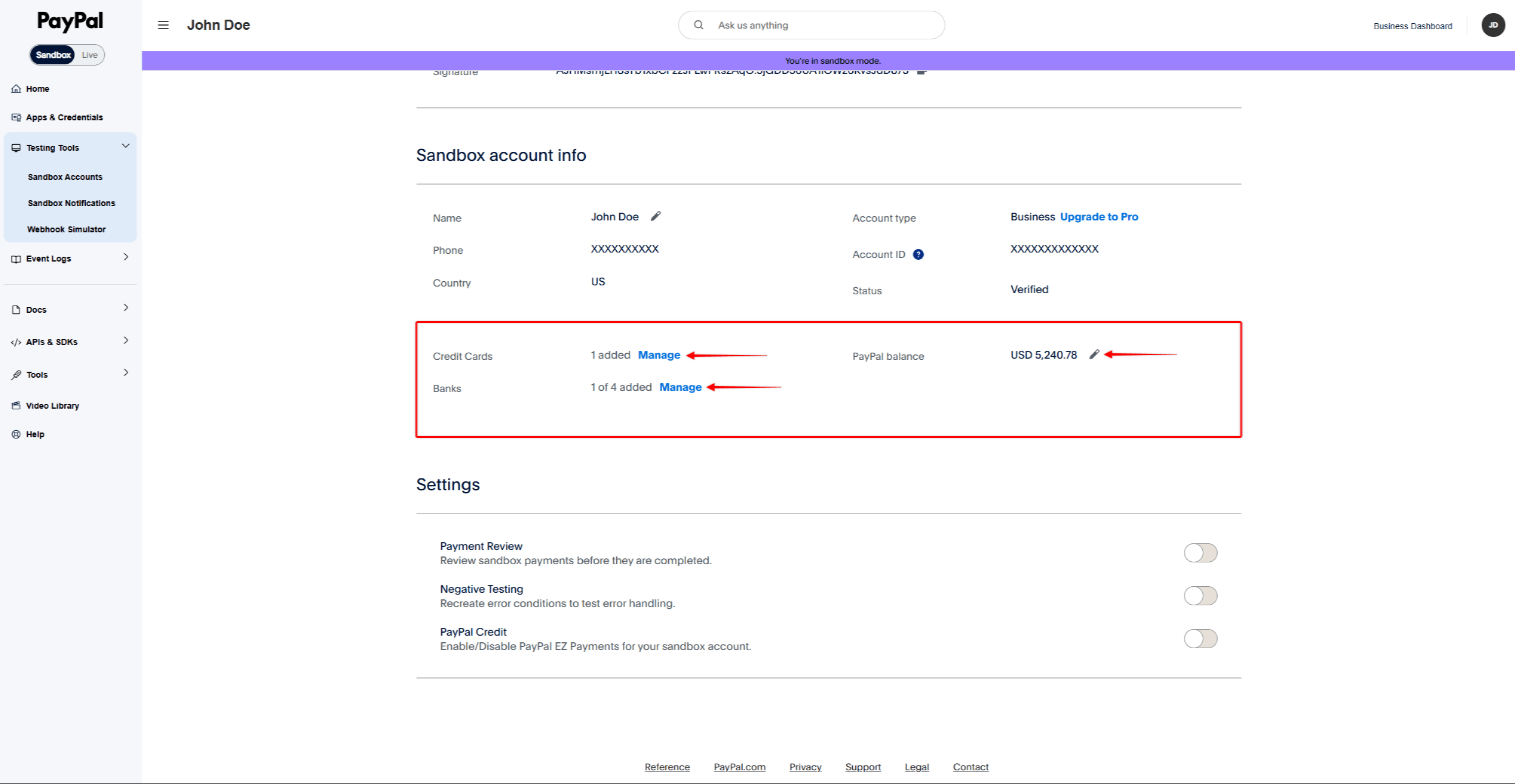 PayPal Personal Sandbox account info showing Credit Cards, Banks, and PayPal balance options