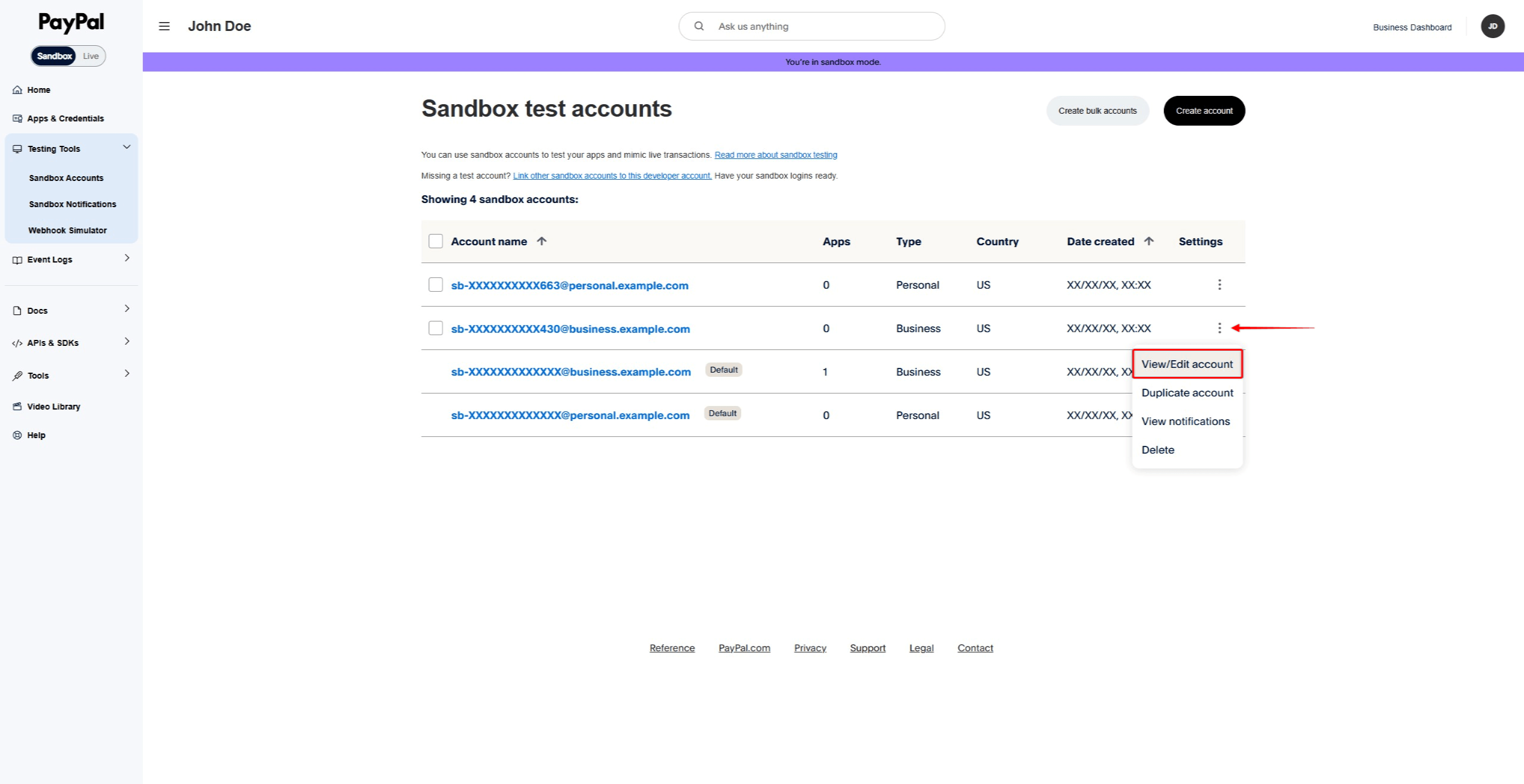 PayPal Sandbox Accounts page with three-dot menu expanded showing View/Edit account option