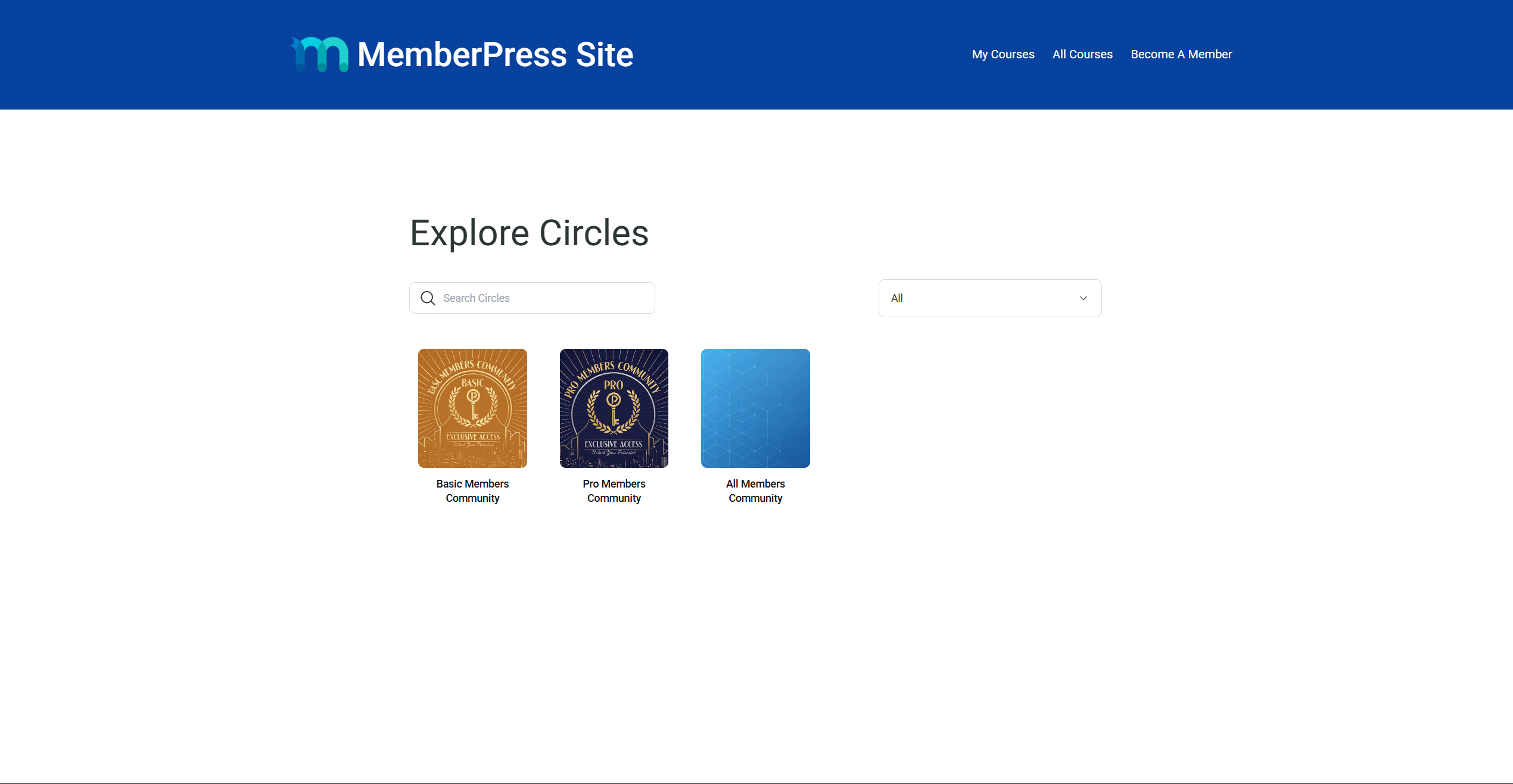 Front-end page showing the MemberPress Circles archive rendered by the mpcirc-circles shortcode