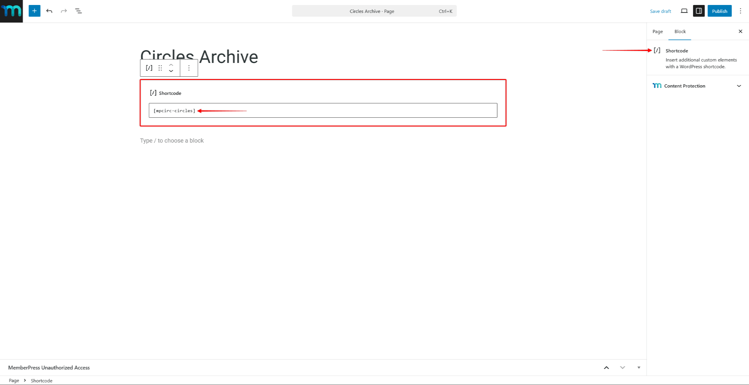 Gutenberg editor with a Shortcode block containing the MemberPress Circles archive shortcode
