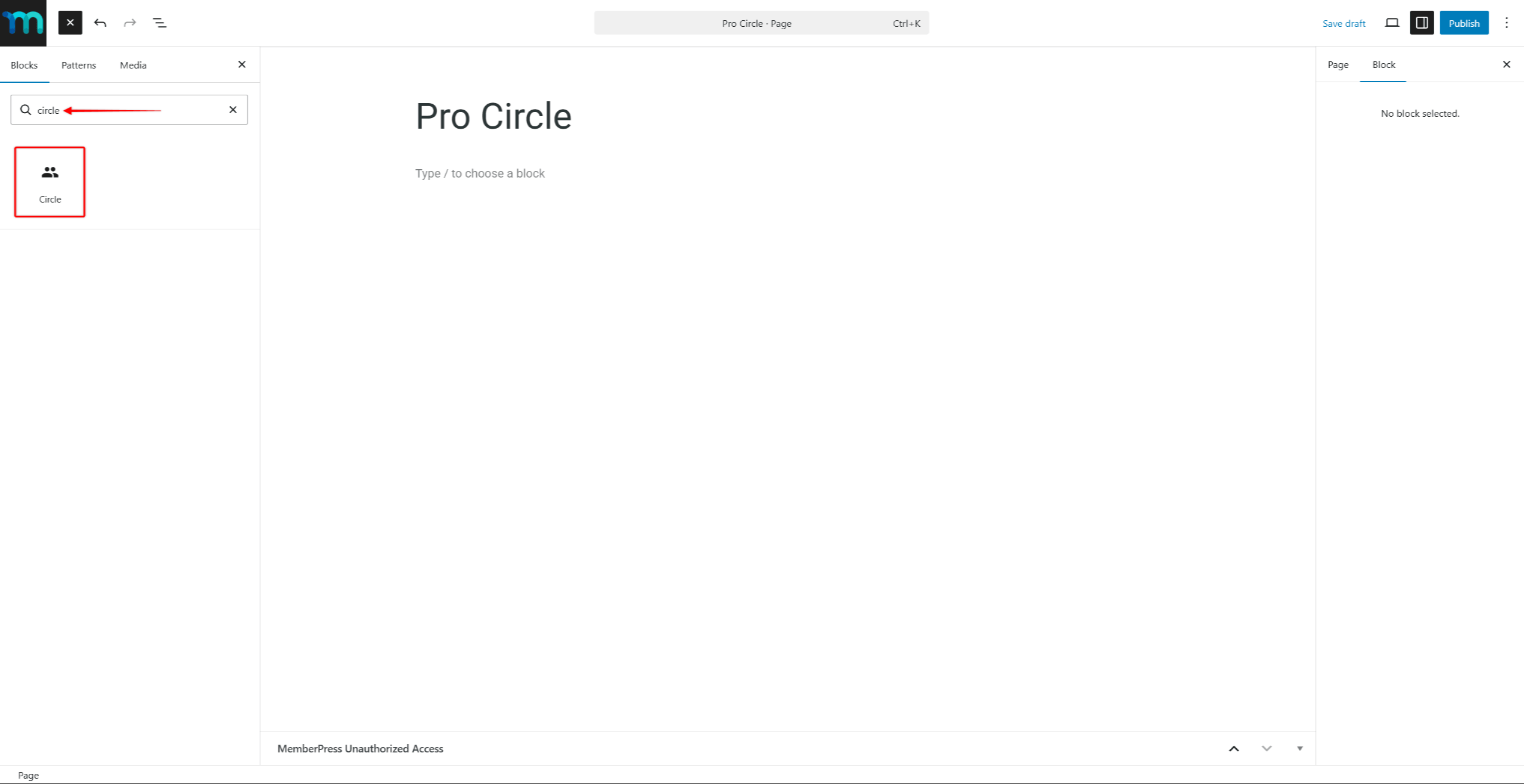Gutenberg Block Inserter showing the Circle block in the search results