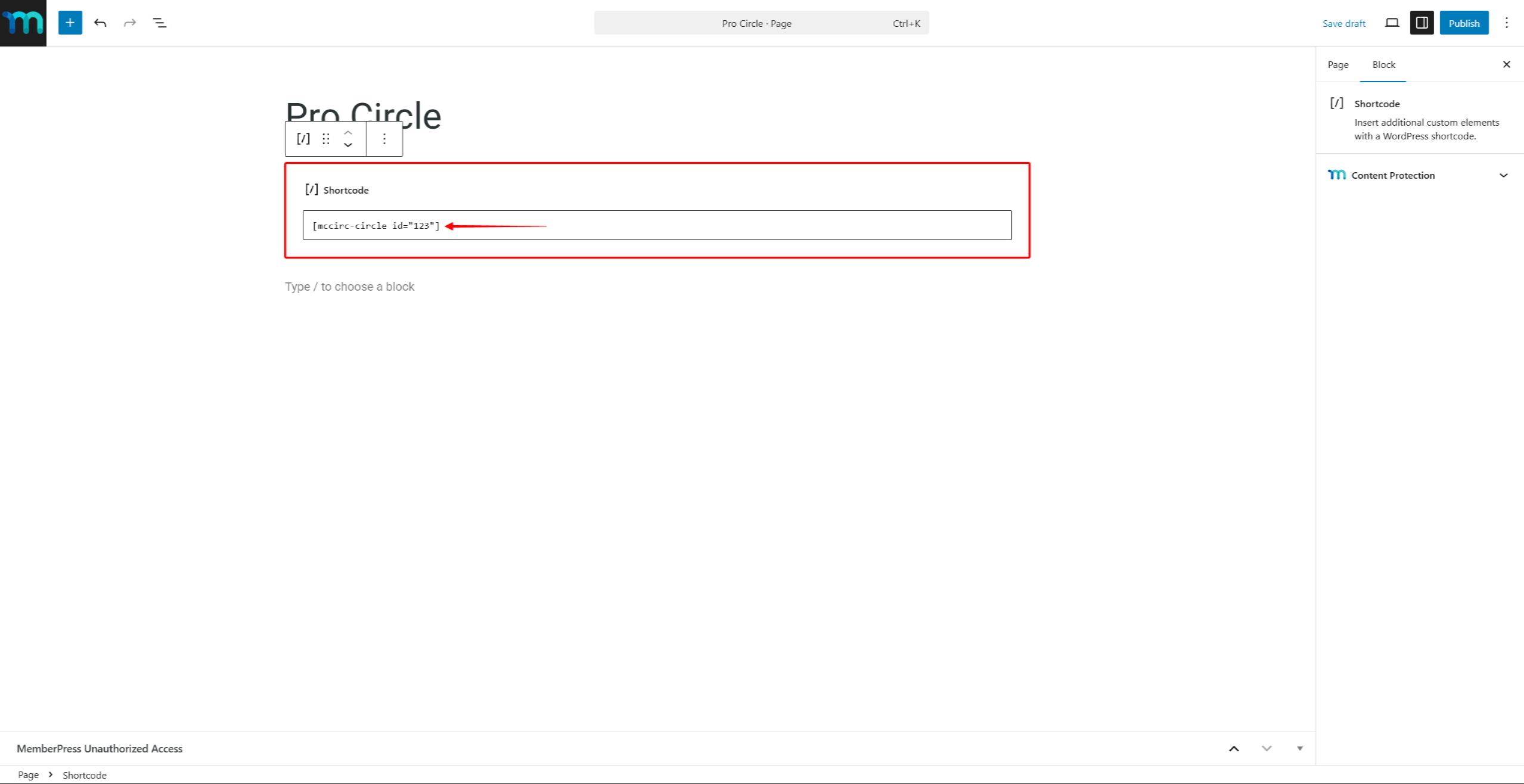 Gutenberg editor with a Shortcode block containing the MemberPress single Circle shortcode