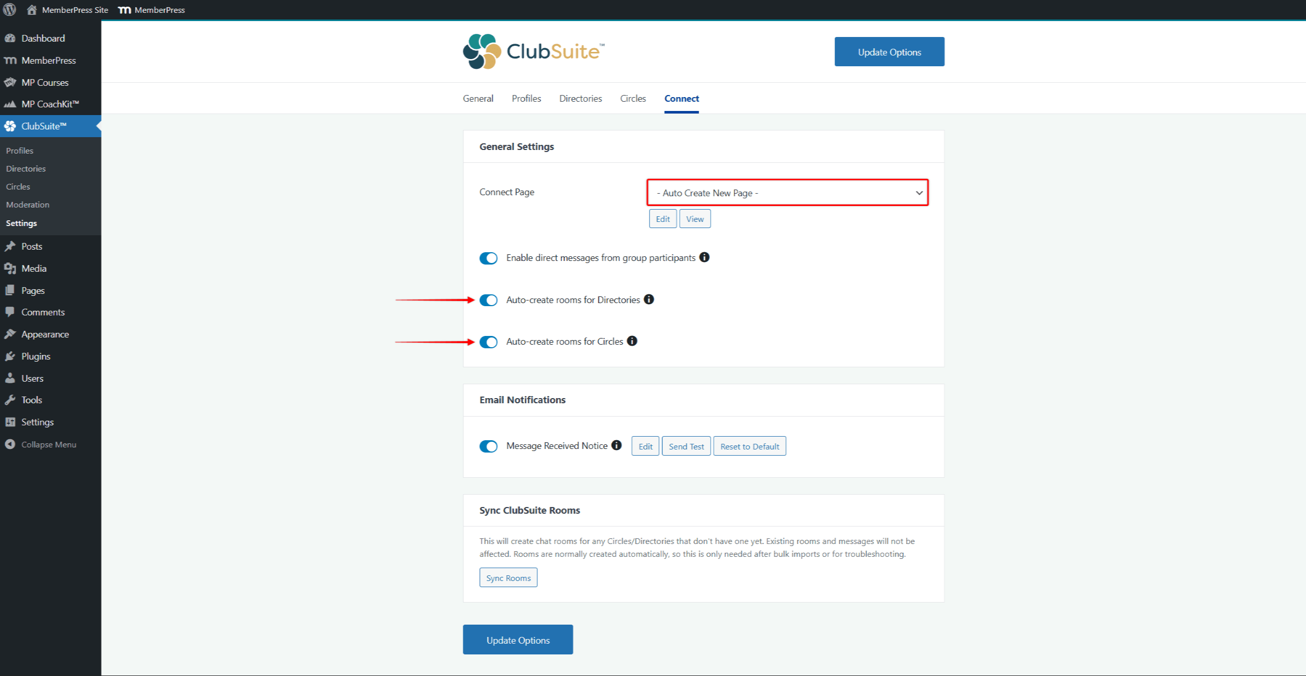 ClubConnect Connect tab with Auto Create New Page selected and auto-create room toggles enabled