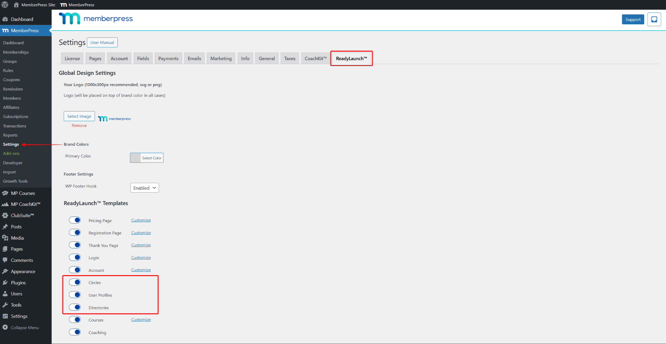 ReadyLaunch Templates section with User Profiles, Directories, and Circles toggles enabled