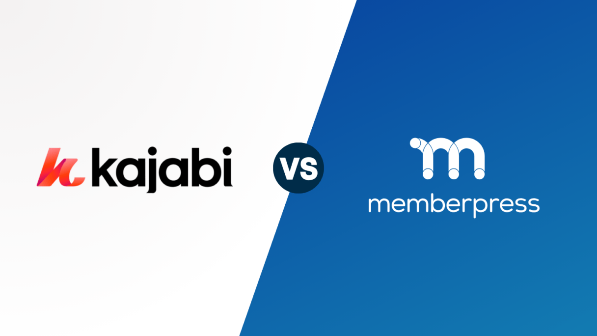 Comparison banner showing Kajabi logo on white left and MemberPress logo on blue right, separated by a dark 'VS' circle.