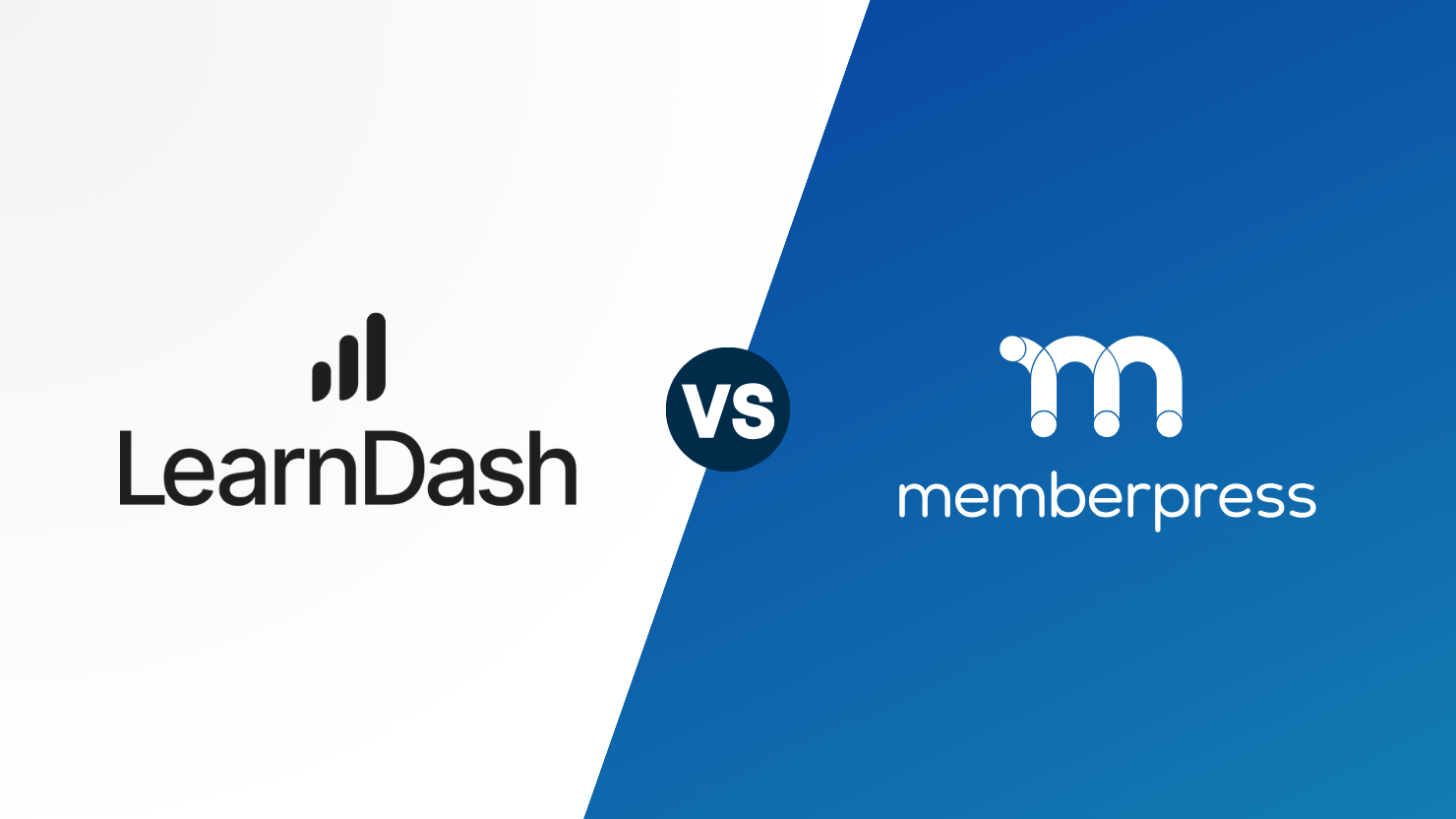 Left white panel with LearnDash logo and a tall bar icon, facing a blue right panel with MemberPress logo; 'VS' circle in center.
