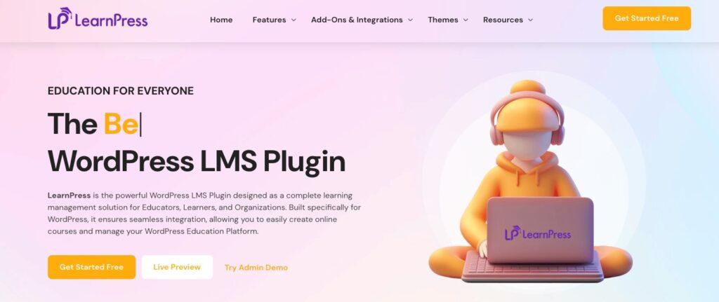 Hero banner for LearnPress: gradient pink-to-blue background with a 3D character wearing headphones using a laptop, promoting The Be WordPress LMS Plugin.