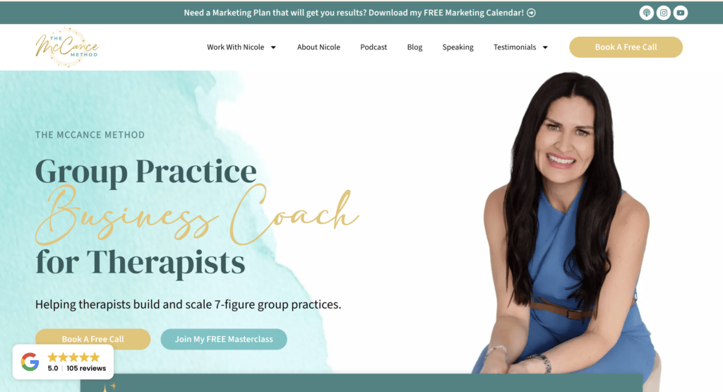 Hero-Banner zur Bewerbung von Coaching für Therapeuten in Gemeinschaftspraxen, auf dem rechts eine lächelnde Frau vor einem aquafarbenen Aquarellhintergrund und mit großem Titeltext zu sehen ist.