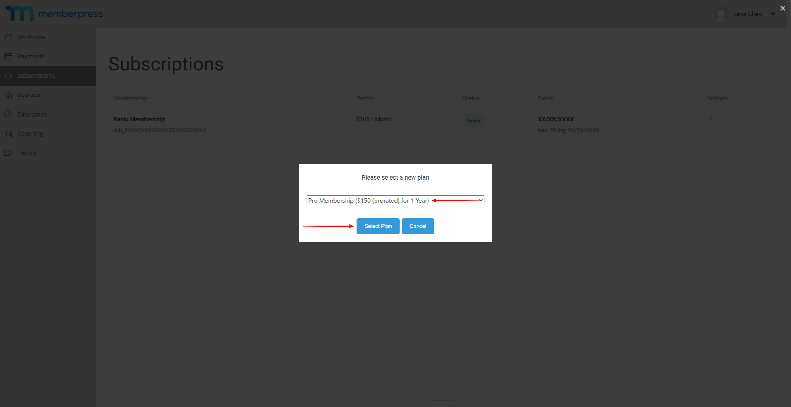 mepr-change-plan-popup | MemberPress Seleccione un nuevo plan emergente con precios prorrateados