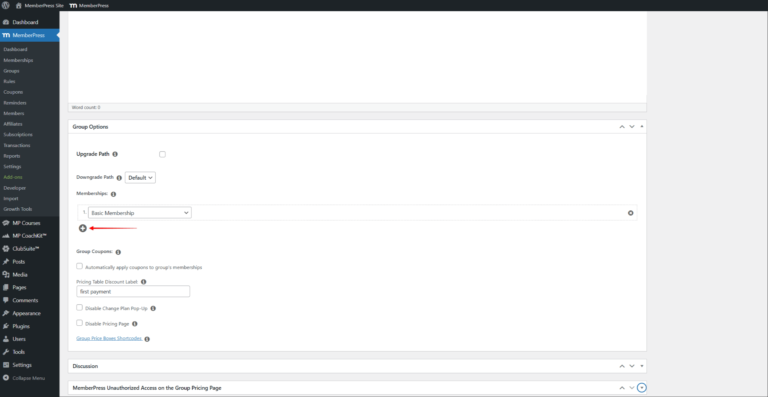 mepr-group-options-adding-membership | MemberPress Añadir miembros con el icono más