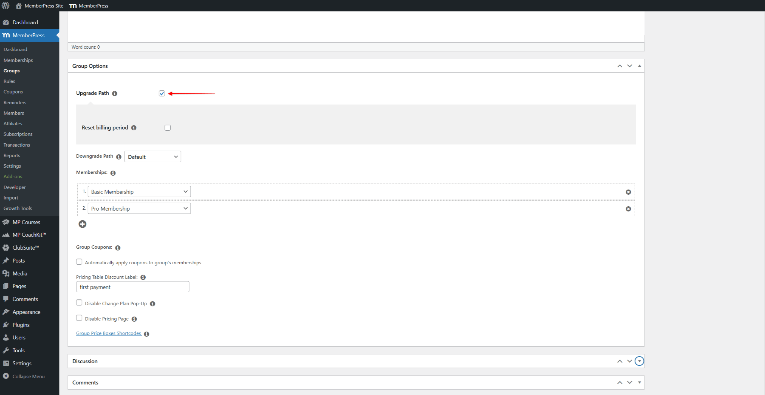 mepr-group-options-enable-upgrade | MemberPress Opciones de grupo con la ruta de actualización activada