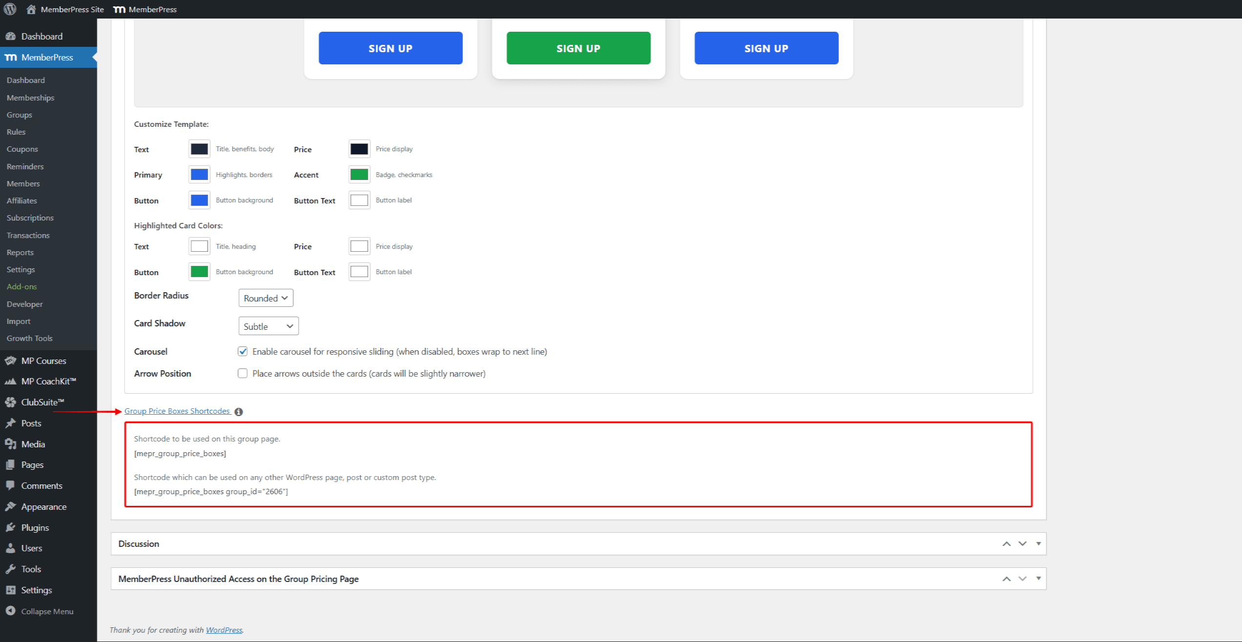 mepr-group-pricing-page-shortcodes | MemberPress Códigos cortos de cajas de precios de grupo ampliados