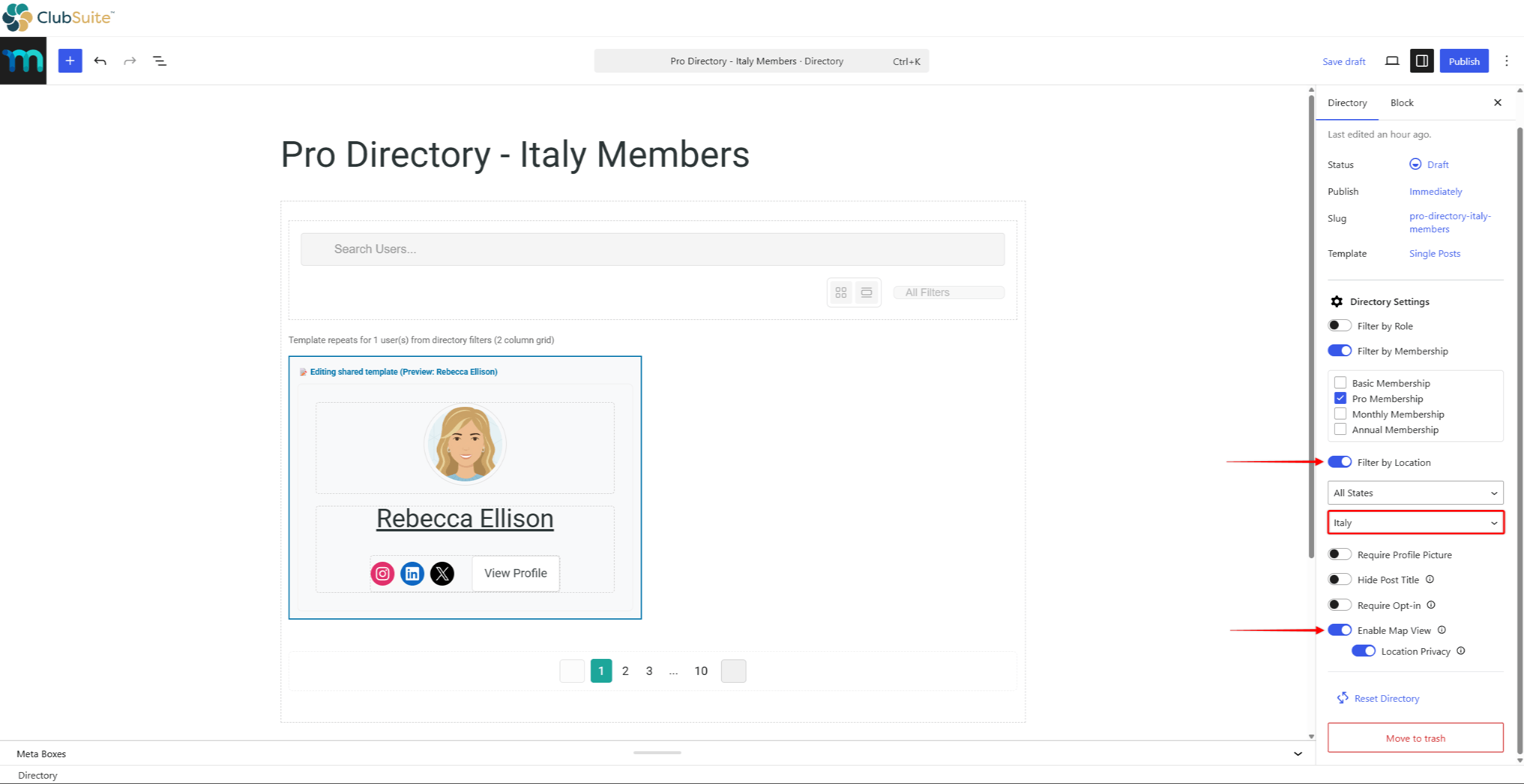 Directory Settings panel with Filter by Location, Enable Map View, and Location Privacy options