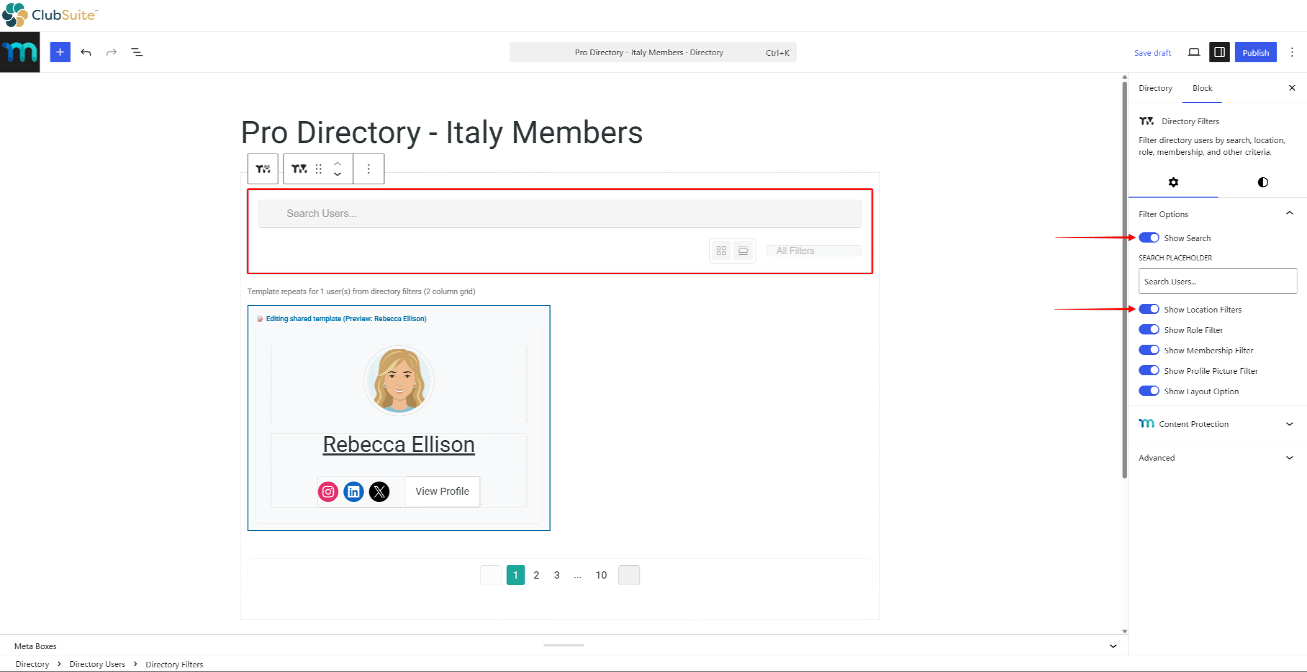 Directory Filters block sidebar with Show Search and Show Location Filters enabled
