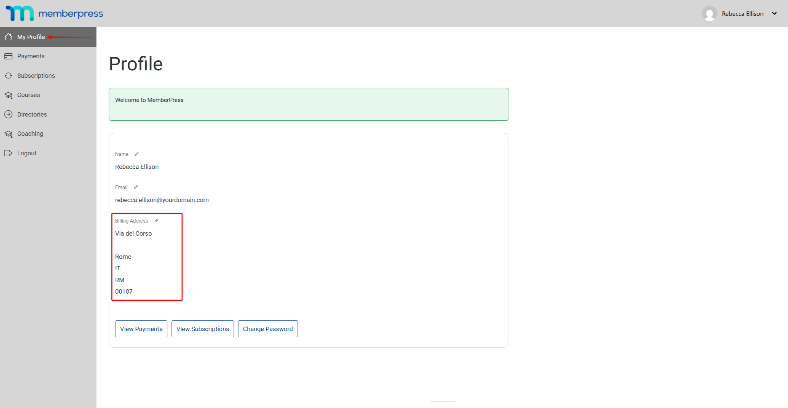 Billing Address field group on the member My Profile tab