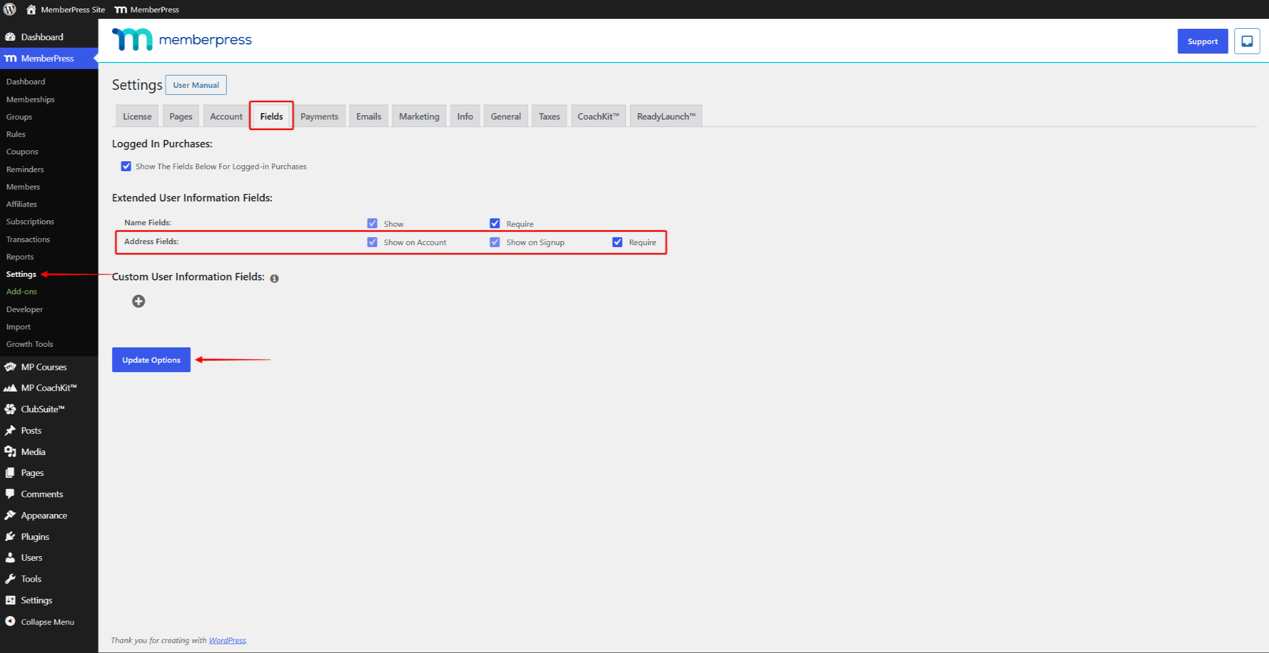 Address Fields section under MemberPress Settings Fields tab