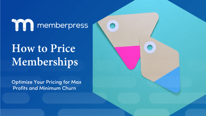 MemberPress marketing banner with title 'How to Price Memberships' and subtitle about maximizing profits and minimizing churn, logo on the left, teal tag shapes on the right.