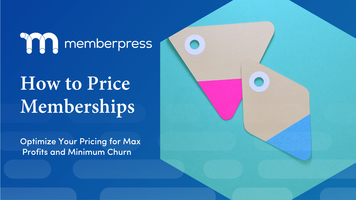 MemberPress-Marketingbanner mit dem Titel 'So legen Sie die Preise für Mitgliedschaften fest' und einem Untertitel zur Gewinnmaximierung und Abwanderungsminimierung, Logo auf der linken Seite, türkisfarbene Tag-Formen auf der rechten Seite.