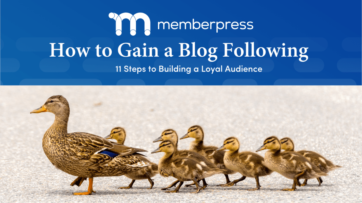 Article header reading 'How to Gain a Blog Following' with subtitle '11 Steps to Building a Loyal Audience', above a photo of a mother duck leading ducklings across a road.