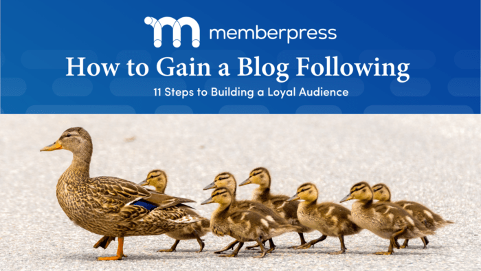 Article header reading 'How to Gain a Blog Following' with subtitle '11 Steps to Building a Loyal Audience', above a photo of a mother duck leading ducklings across a road.