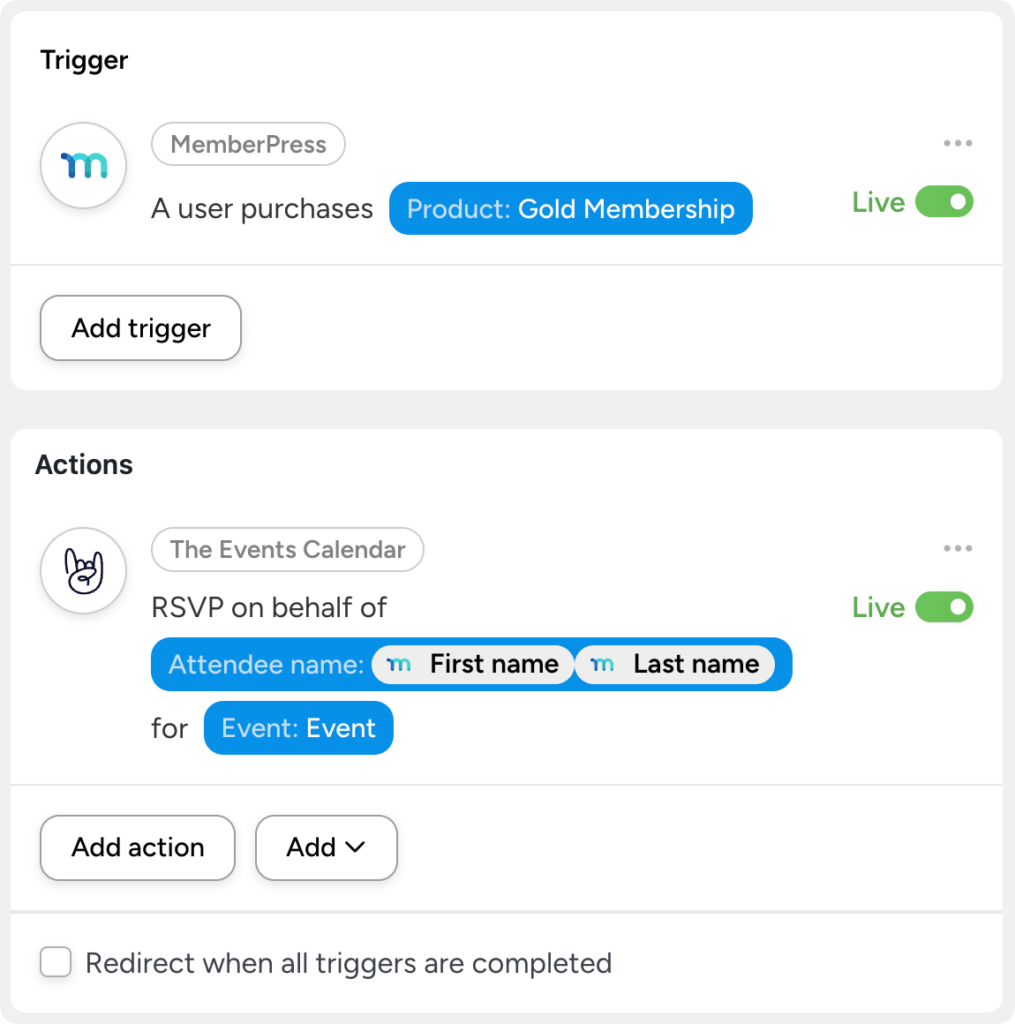 UI for an automation builder showing a Trigger: MemberPress - 'A user purchases Product: Gold Membership' (Live on) with an 'Add trigger' button; an Actions section with RSVP on behalf of attendee fields for an Event and an 'Add action' area.