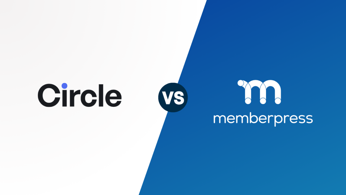 Circle vs MemberPress: logotipos de las marcas sobre un fondo dividido en diagonal en blanco y azul.