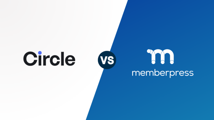 Circle vs MemberPress | MemberPress Circle vs MemberPress: branding logos on a diagonal white-blue split background.