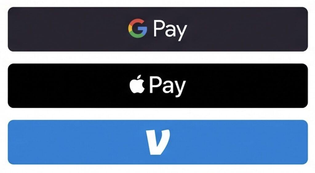 Row of three rounded payment buttons: Google Pay, Apple Pay, and Visa checkout.
