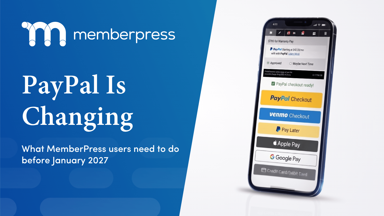 Bannière bleue dégradée arborant le logo MemberPress et le titre ' PayPal Is Changing ' ; à droite, un smartphone incliné affiche les options de paiement (PayPal, Venmo, Apple Pay, Google Pay).