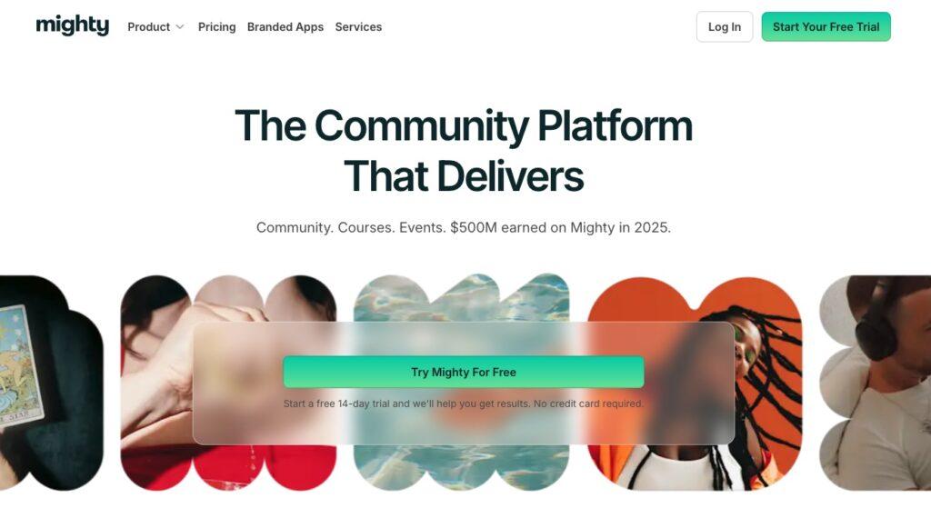 mighty networks home page screenshot | MemberPress Mighty hero section with bold headline 'The Community Platform That Delivers' and a translucent overlay containing a green 'Try Mighty For Free' CTA over a collage background.