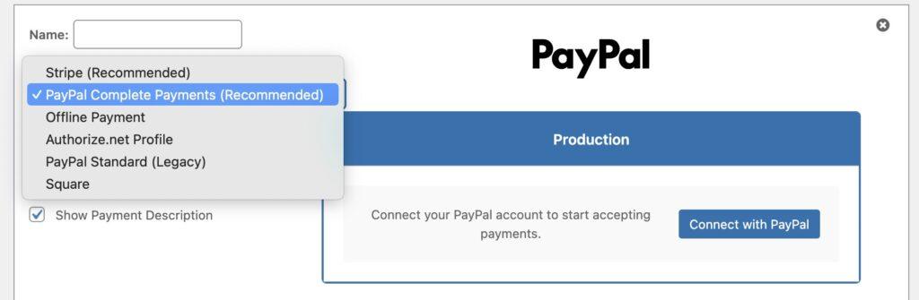 PayPal payment setup modal showing environment tabs and a 'Connect with PayPal' button on Production.