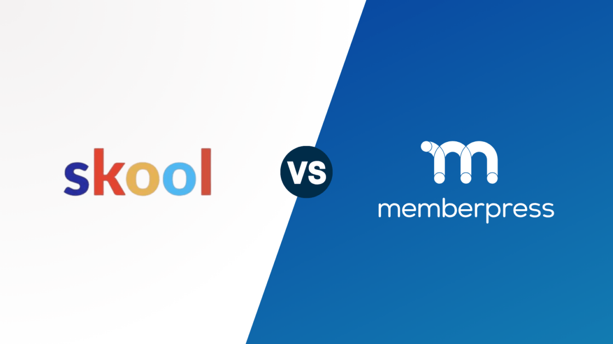Skool vs MemberPress | MemberPress Comparação dos logotipos Skool e MemberPress com um círculo VS escuro no centro em uma metade branca à esquerda e um fundo azul na diagonal à direita.