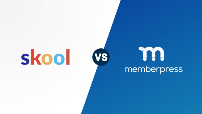 Comparison of Skool and MemberPress logos with a dark VS circle in the center on a white left half and blue diagonal-right background.