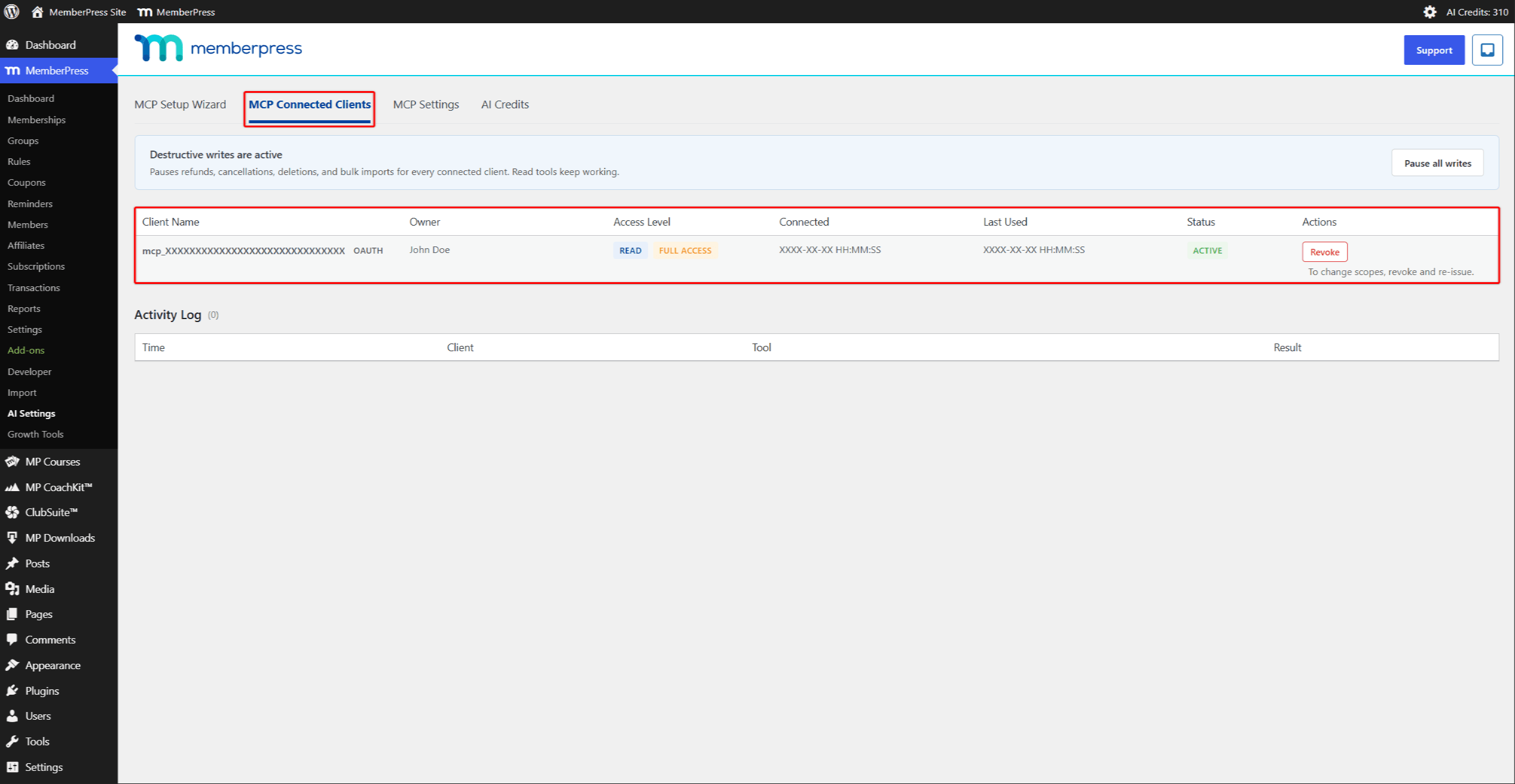 The MCP Connected Clients tab listing connections with their access level, status, auth chip, and Revoke action