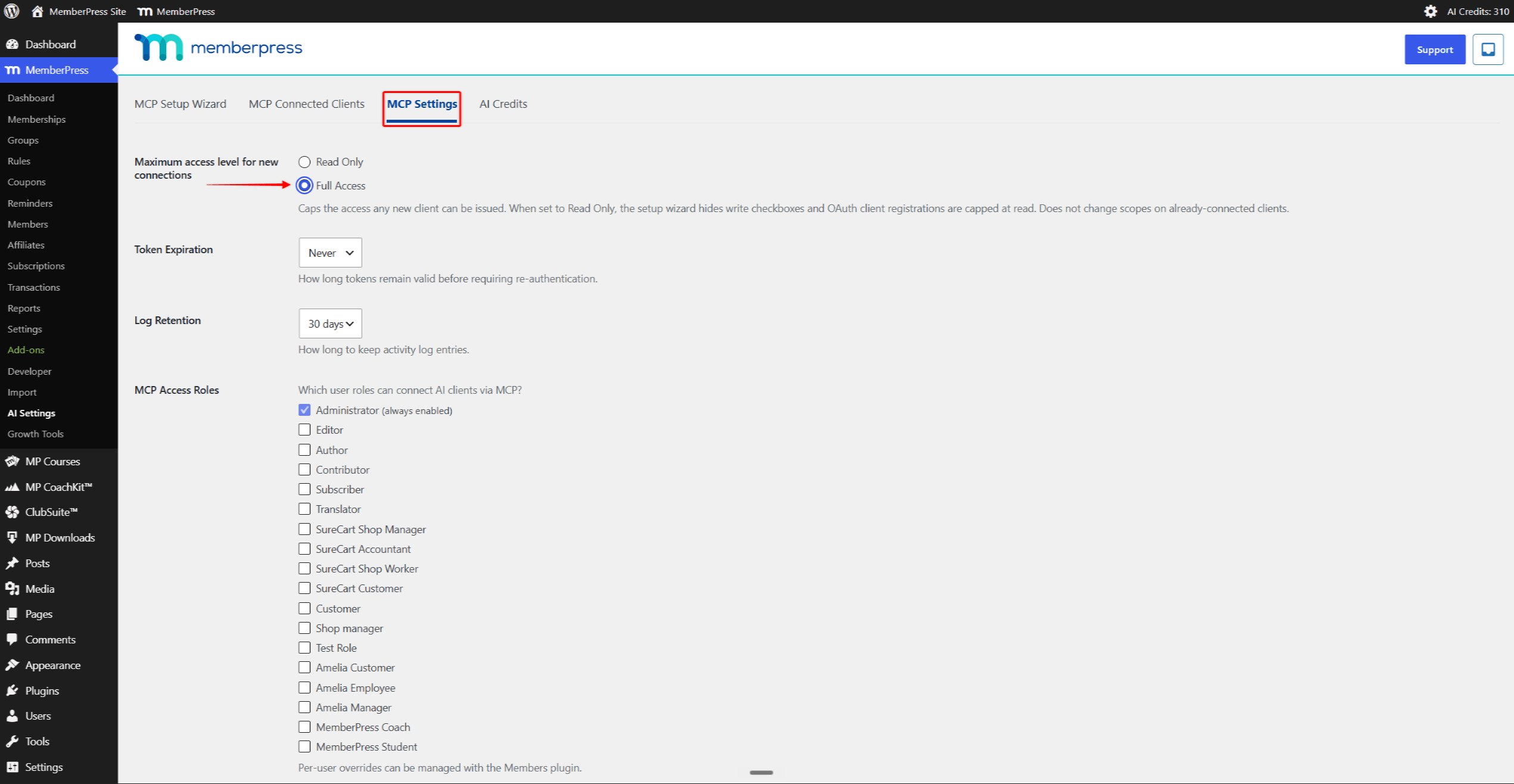 The MCP Settings tab showing the Maximum access level for new connections options
