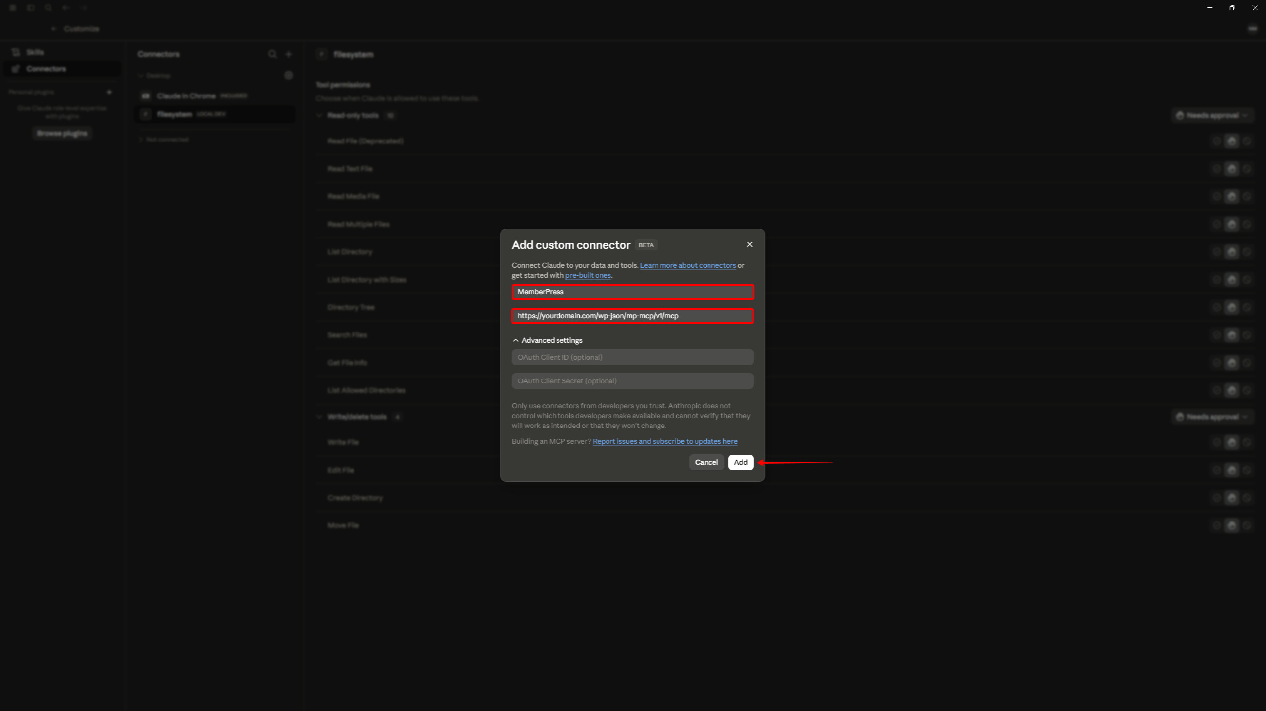 The Add custom connector dialog with the MemberPress name and server URL entered