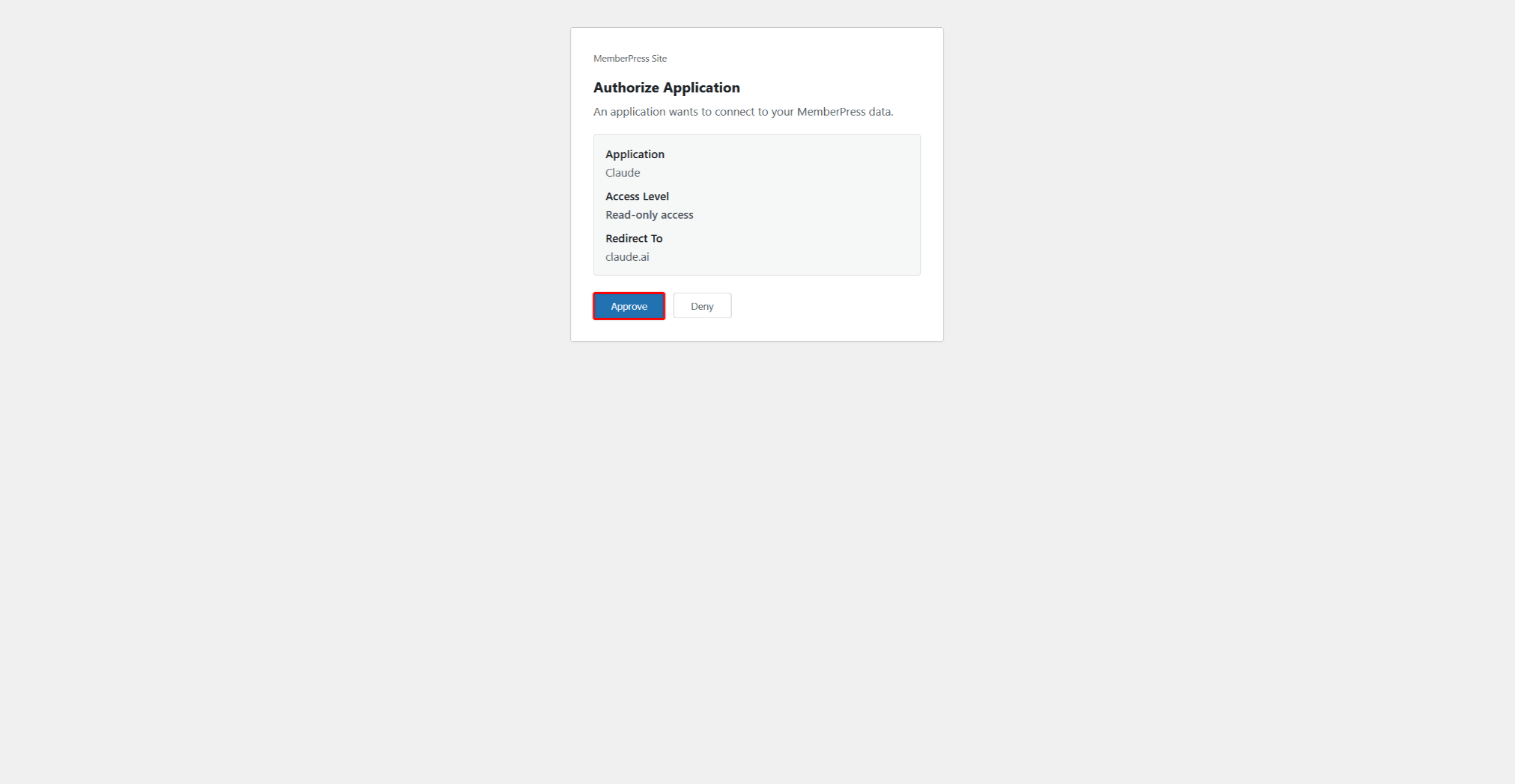 The Authorize Application consent screen showing the access level and the Approve and Deny buttons