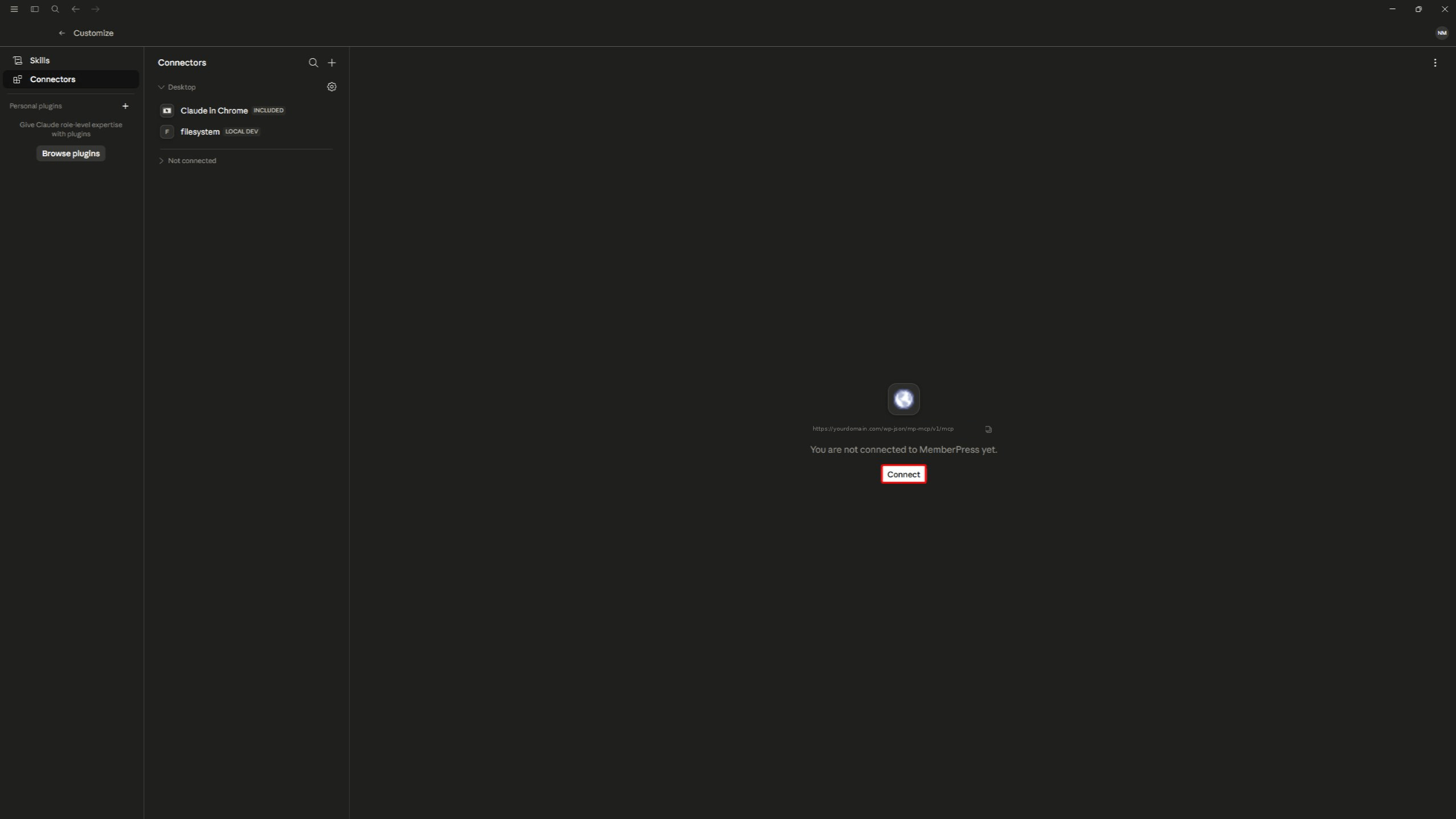 The MemberPress connector page in Claude Desktop with the Connect button