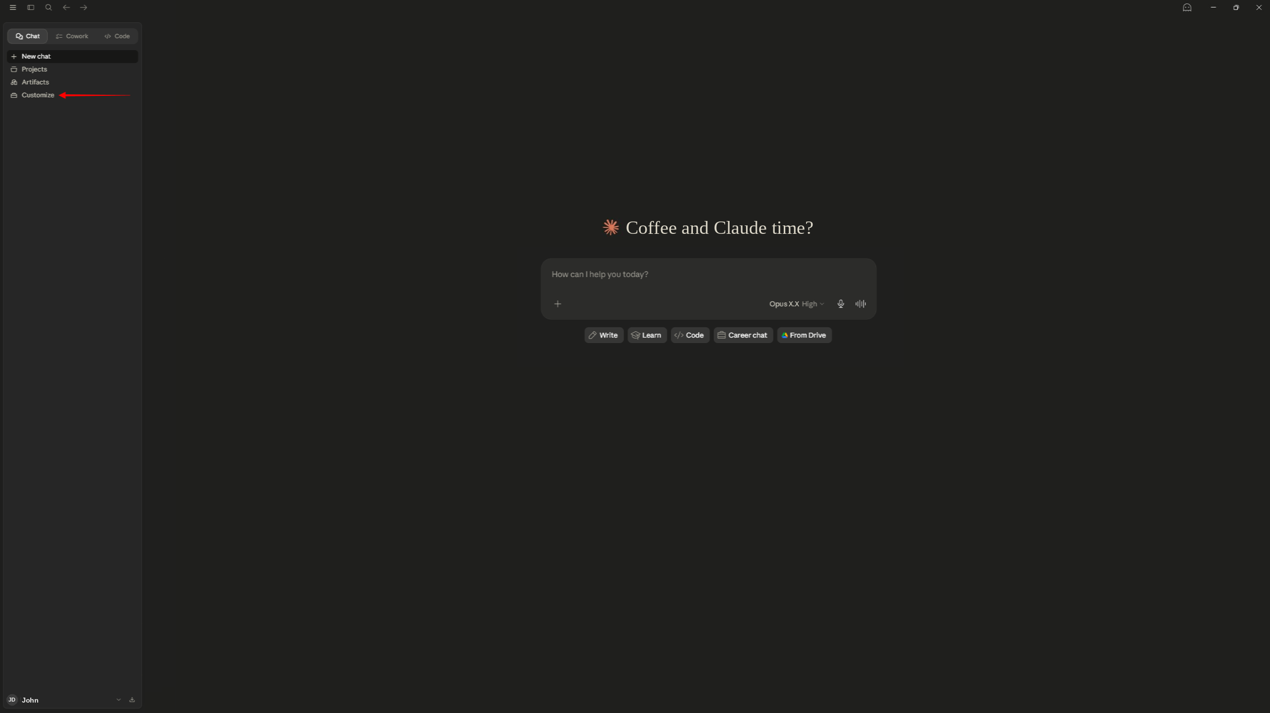 The Claude Desktop sidebar showing the Customize option