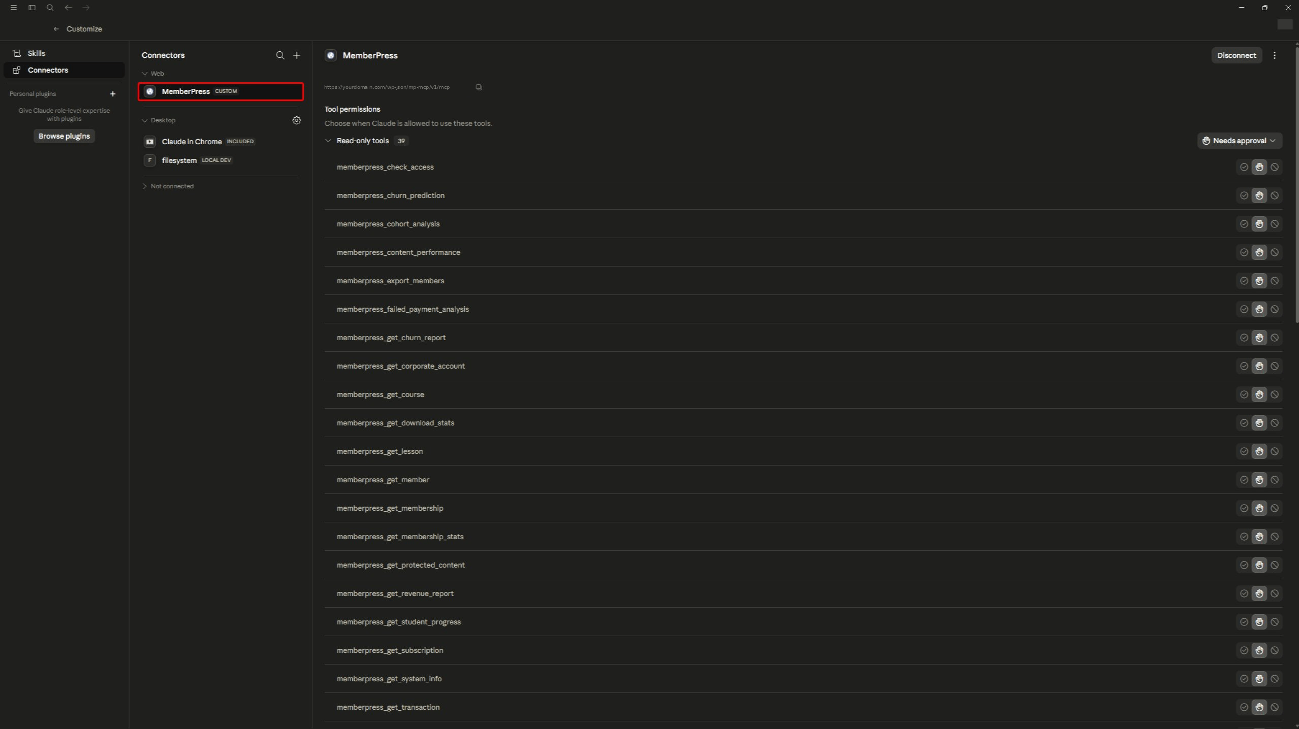 The MemberPress connector in Claude Desktop showing the loaded tools and the Needs approval default