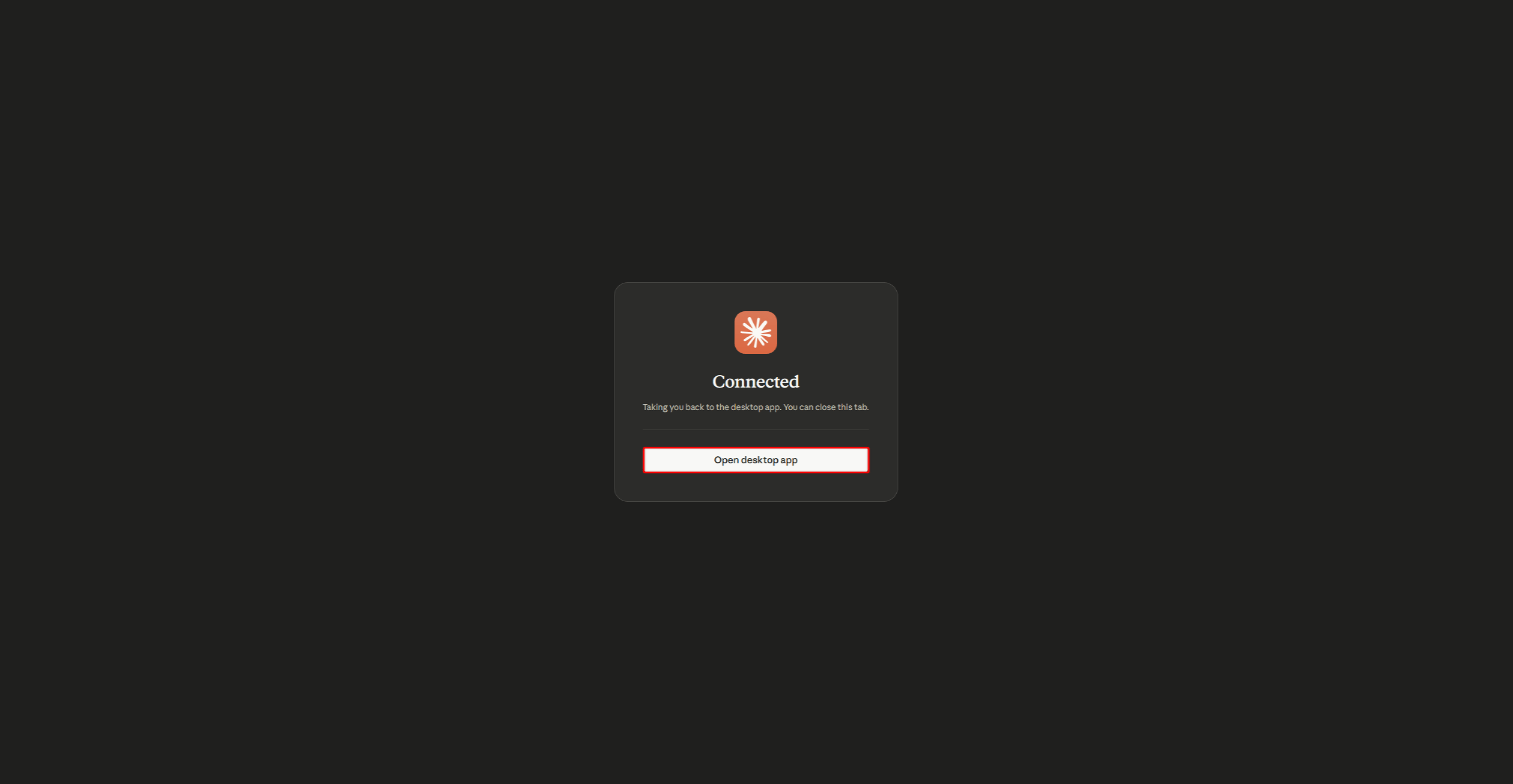 The Connected confirmation page with the Open desktop app button